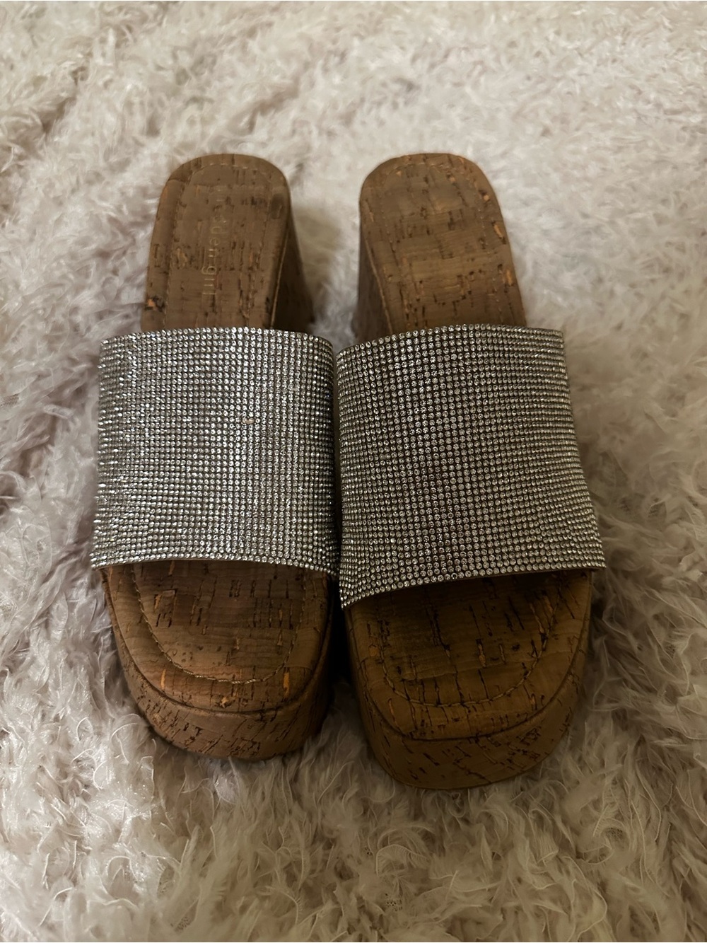 Madden Girl Silver Crystal Cork Platform Slide Mules